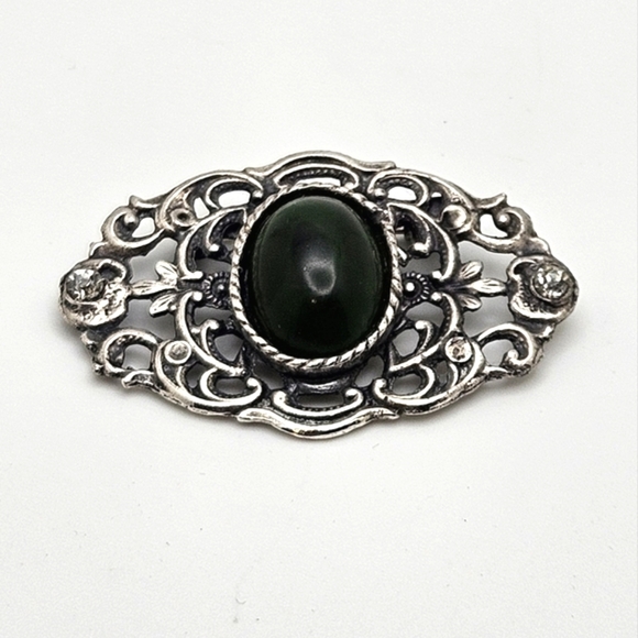 🟢3/$19🟢 Vintage Antique Made in TAIWAN Silver Jade Rhinestone Brooch - Picture 1 of 6